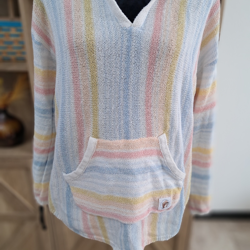 Bucees Knit Hooded Sweater Pastel Colors Striped V-Neck Long Sleeve Beachy Boho - Picture 6 of 12